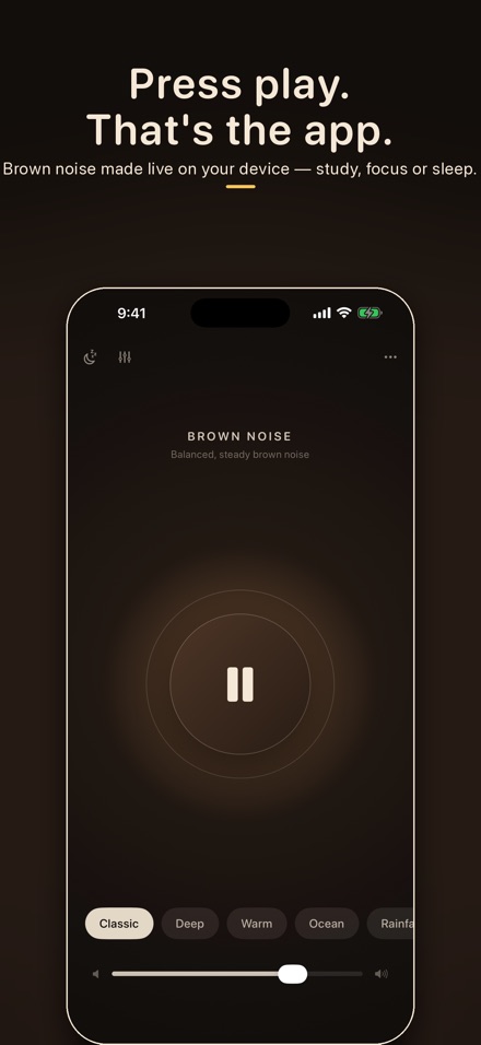 Brown Noise Player's main screen: a play button, five sound chips and a volume slider.
